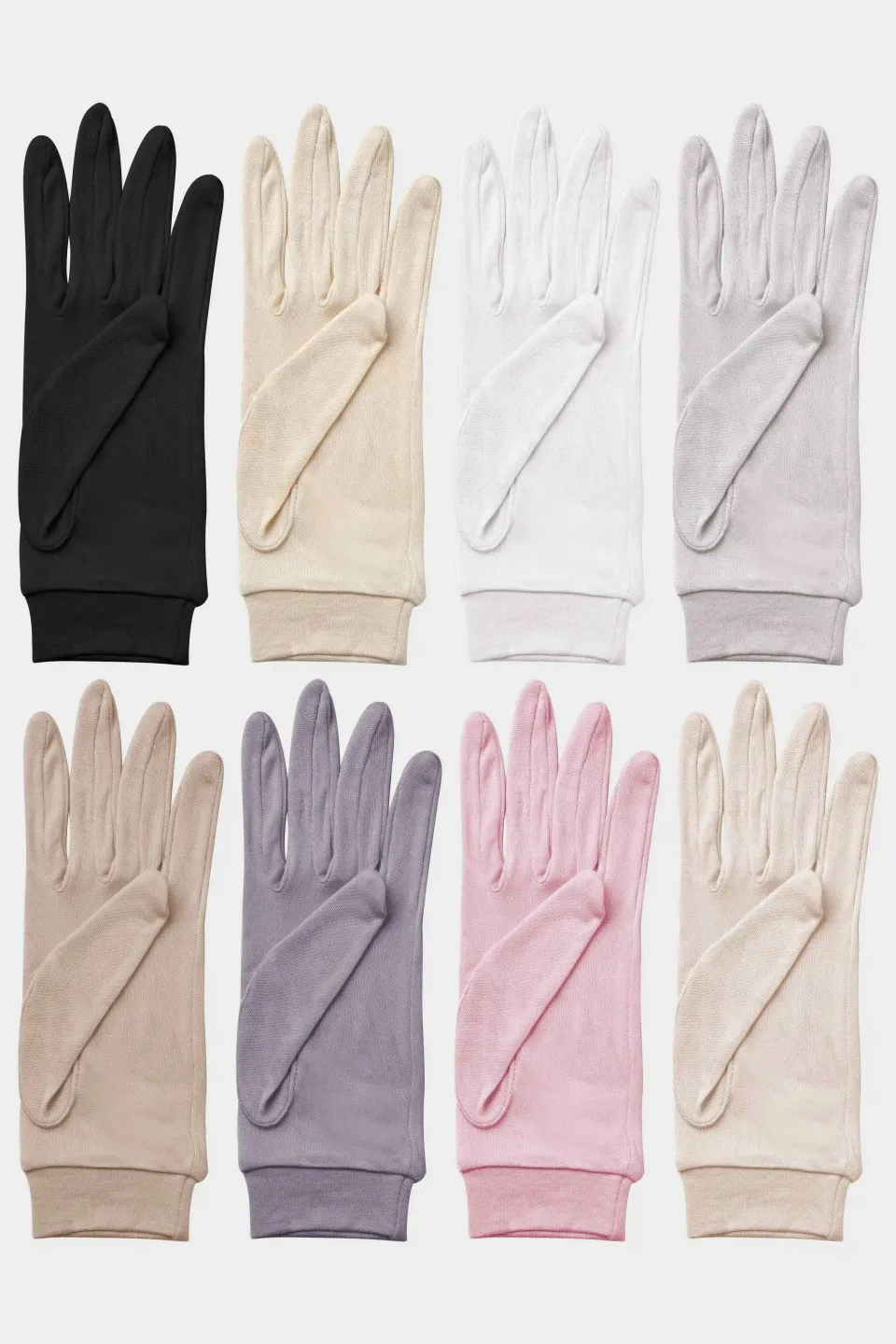 22 Momme Mulberry Silk Knit Gloves — gloves arranged in a color selection