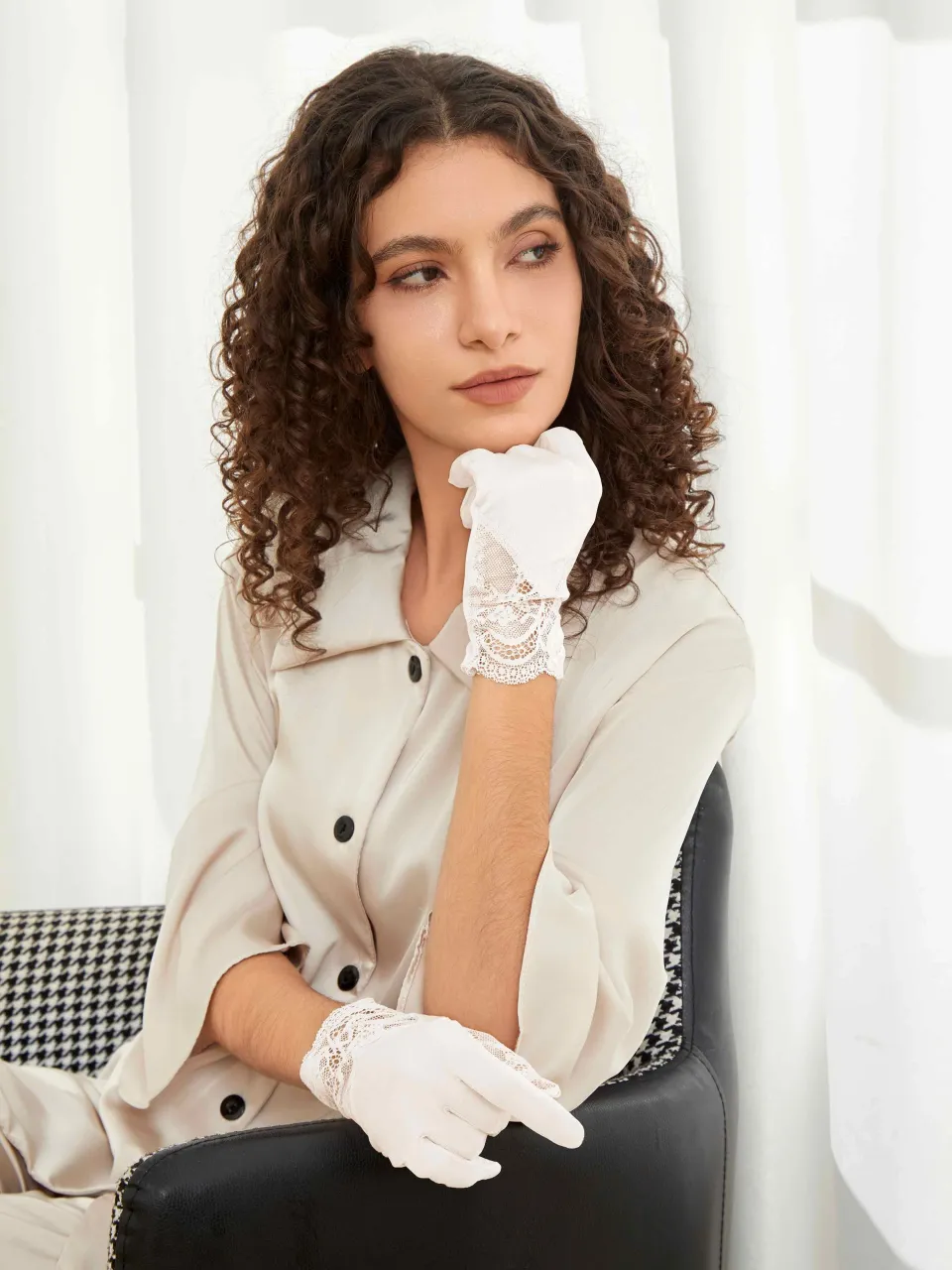 Pure Silk Lace Gloves in White — gloves worn on a model