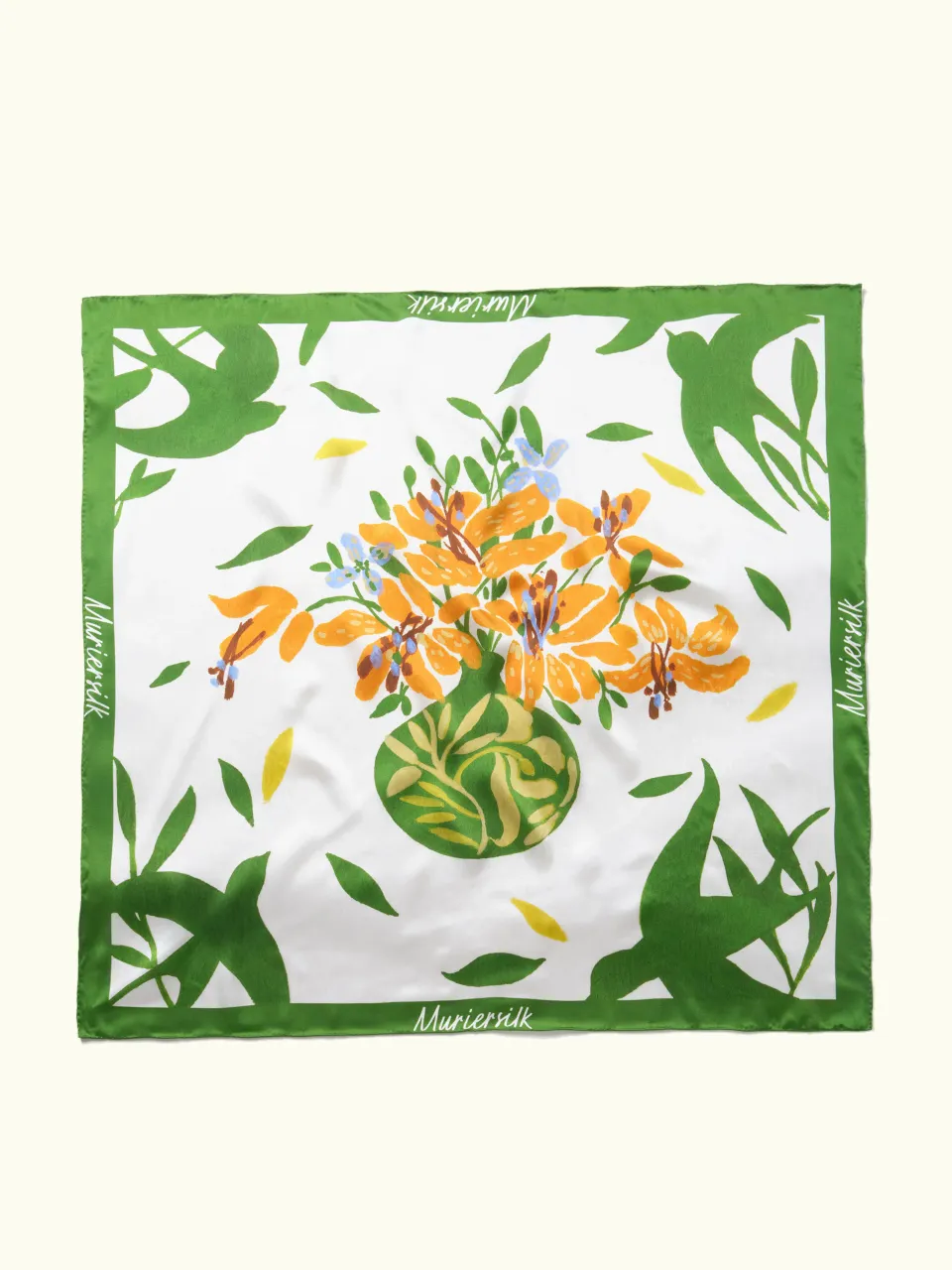 Spring Garden Lily Silk Scarf-Green/Orange — full scarf pattern