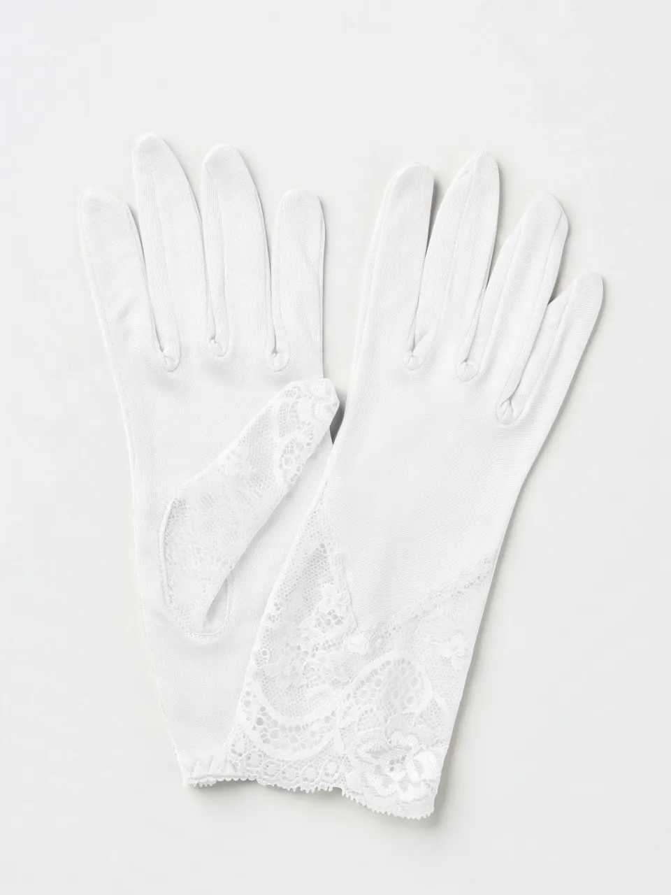 Pure Silk Lace Gloves in White — pair of gloves laid flat