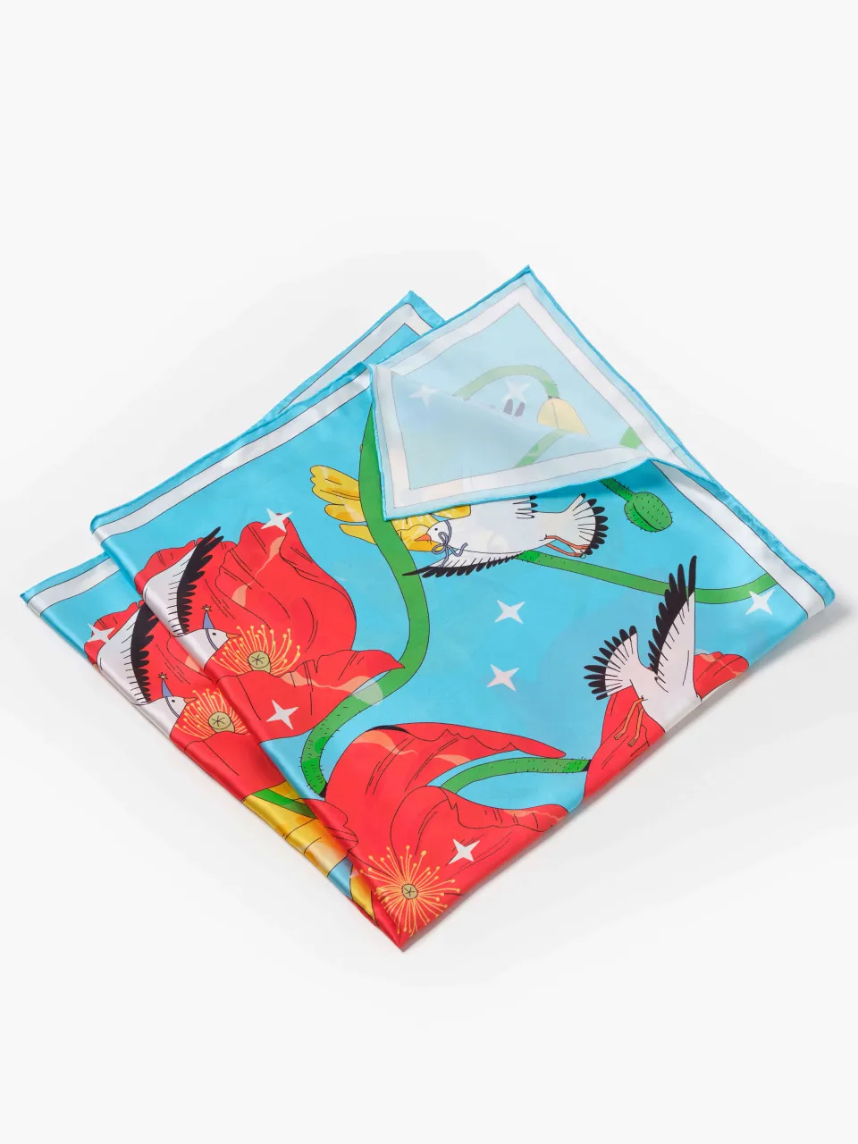Bird and Poppy Silk Scarf-Turquoise/Red — folded scarf