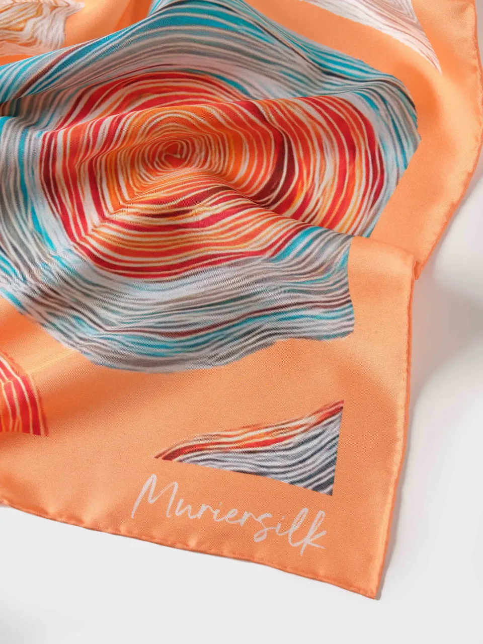 Tree Ring Silk Scarf-Brown/Peach/Turquoise/Yellow — fabric and print detail