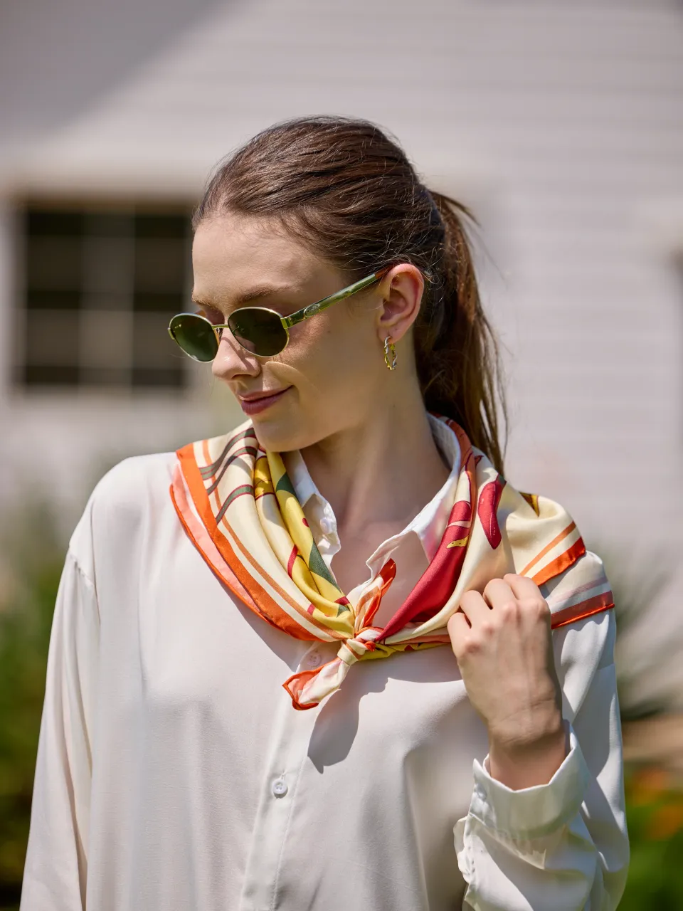 Calla Lily & Poppy Silk Scarf-Coral/Cream — styled around the neck