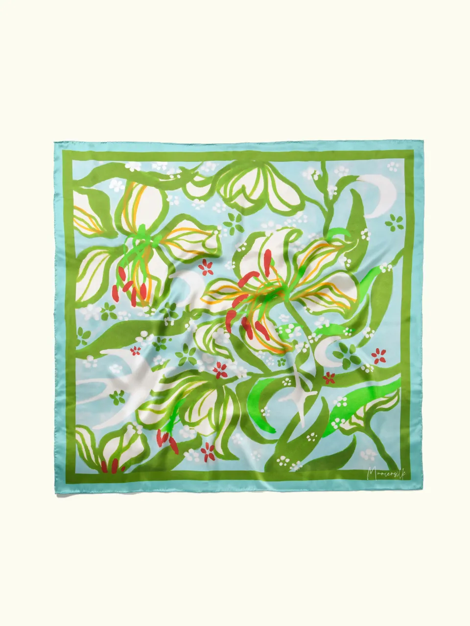 Moonlit Lily Silk Scarf-Green/Aqua — full scarf pattern