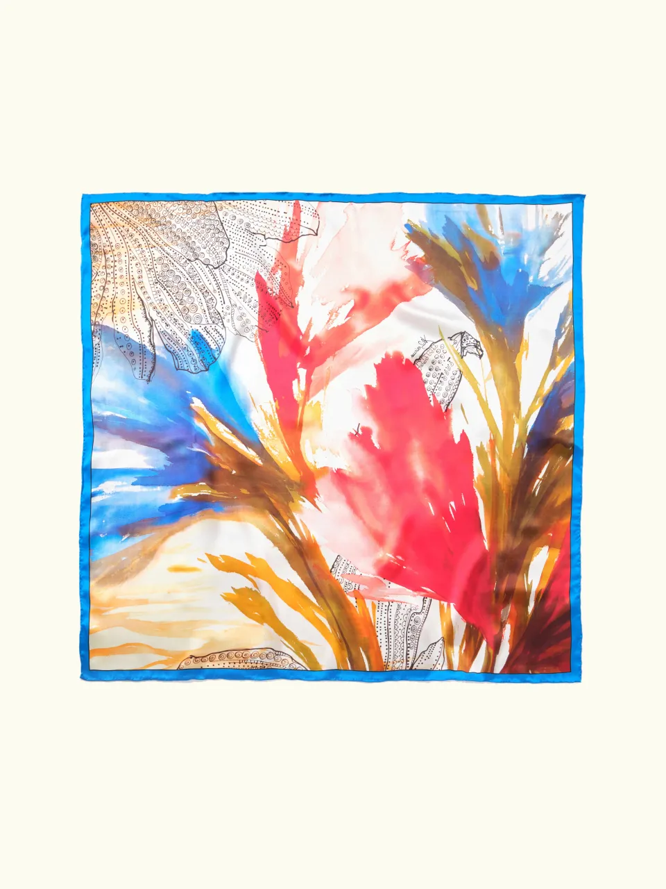 Fireworks Flower Silk Scarf-Blue/Coral in Blue/Coral/Gold — full scarf pattern