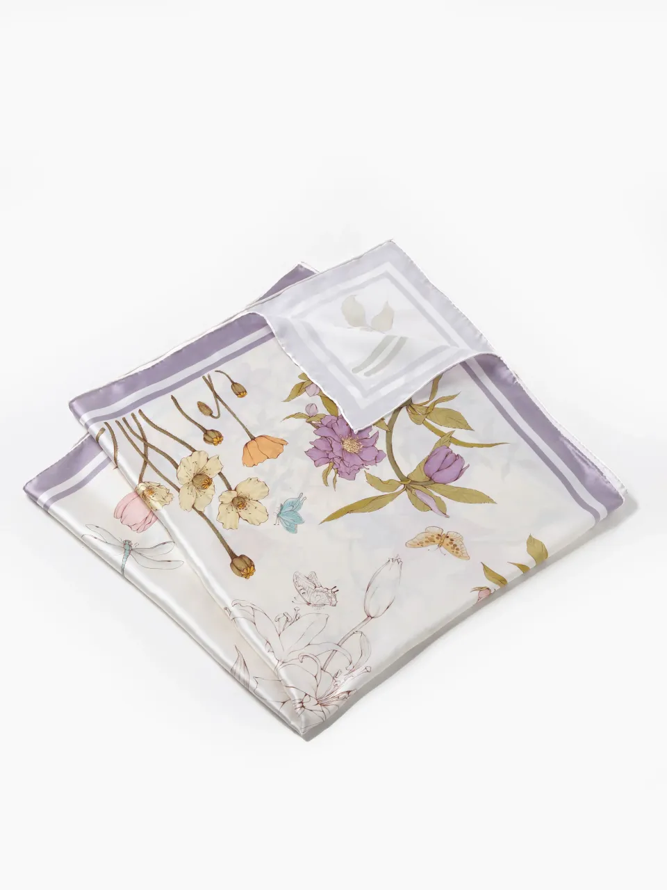 Spring Meadow Floral Silk Scarf-Lavender/Pink — folded scarf