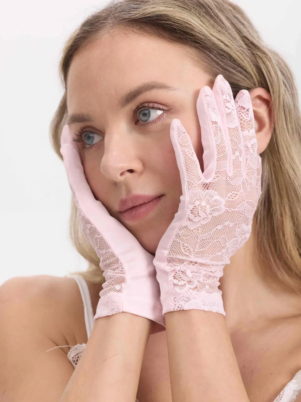 Mulberry Silk & Floral Lace Gloves in Pink — lace gloves worn on a model