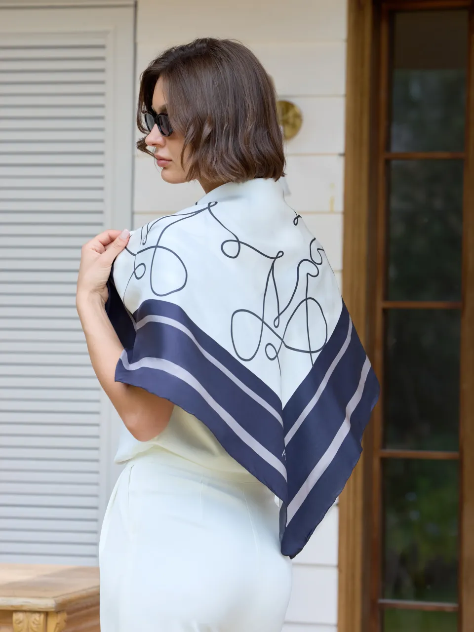 M Petal Silk Scarf-Black/Mauve in Black/Ivory/Mauve — draped over the shoulders