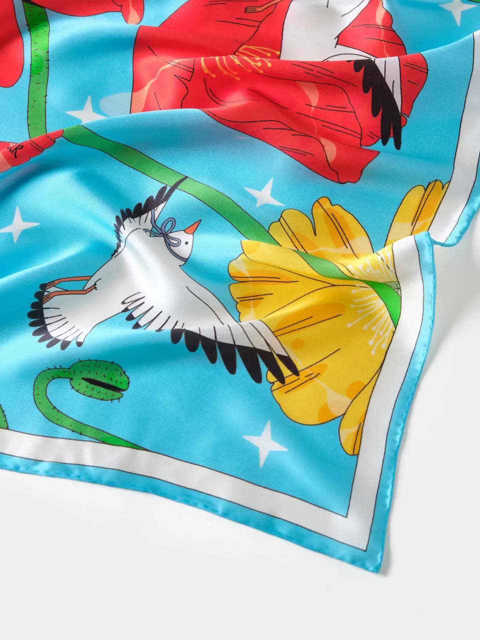 Bird and Poppy Silk Scarf-Turquoise/Red — fabric and print detail