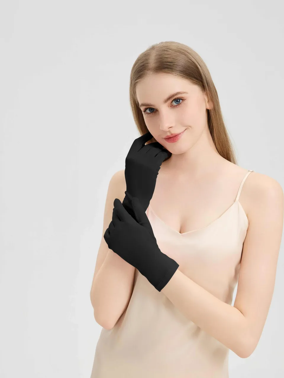 100% Mulberry Silk Knit Gloves in Black — gloves worn on a model