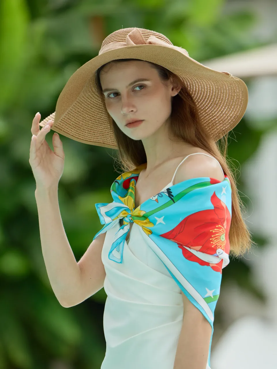 Bird and Poppy Silk Scarf-Turquoise/Red — draped over the shoulders