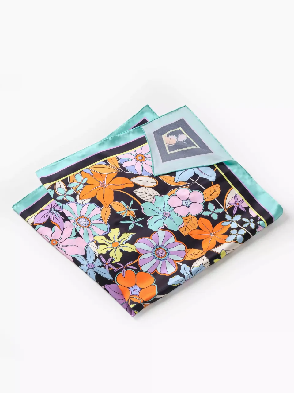 Allover Floral Silk Scarf-Aqua/Lavender/Orange/Yellow in Aqua/Black — folded scarf