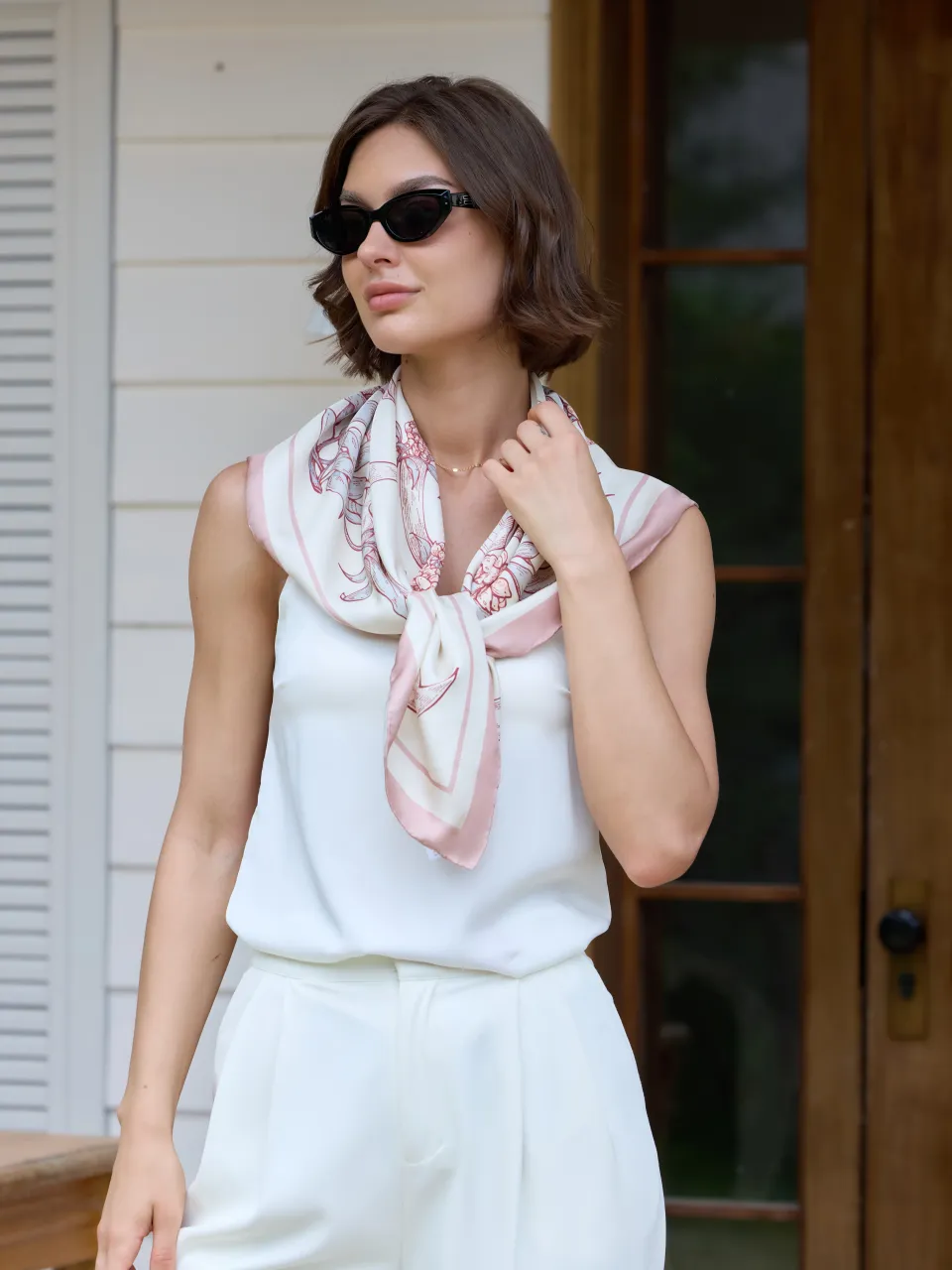 Rosa Banksiae Silk Scarf-Cream/Rose — styled around the neck