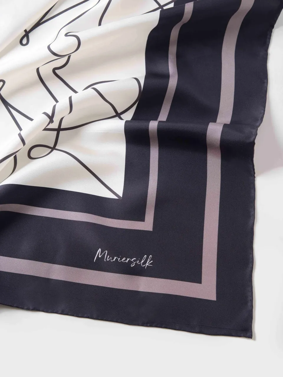 M Petal Silk Scarf-Black/Mauve in Black/Ivory/Mauve — fabric and print detail