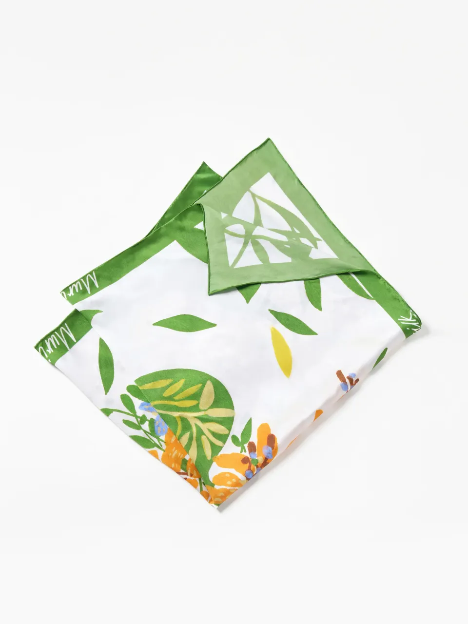Spring Garden Lily Silk Scarf-Green/Orange — folded scarf