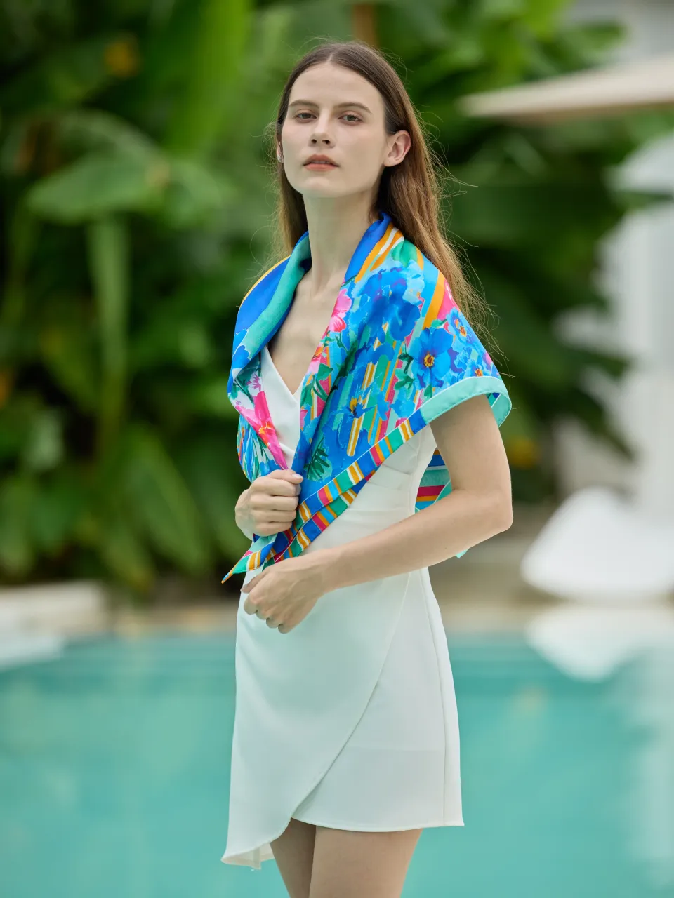 Stripes & Bouquets Silk Scarf-Turquoise/Gray in Blue Floral — draped over the shoulders
