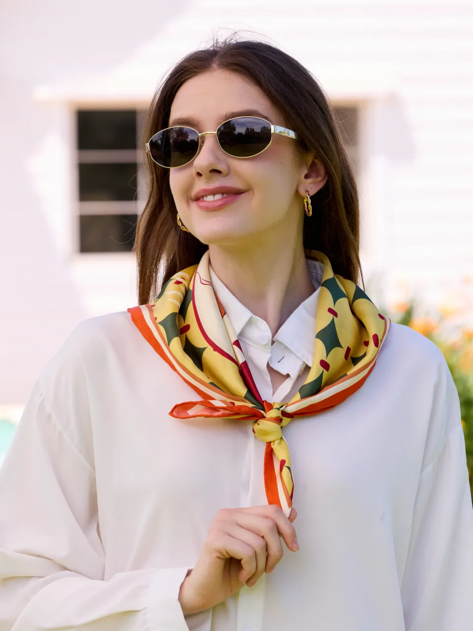 Calla Lily & Poppy Silk Scarf-Coral/Cream — styled around the neck