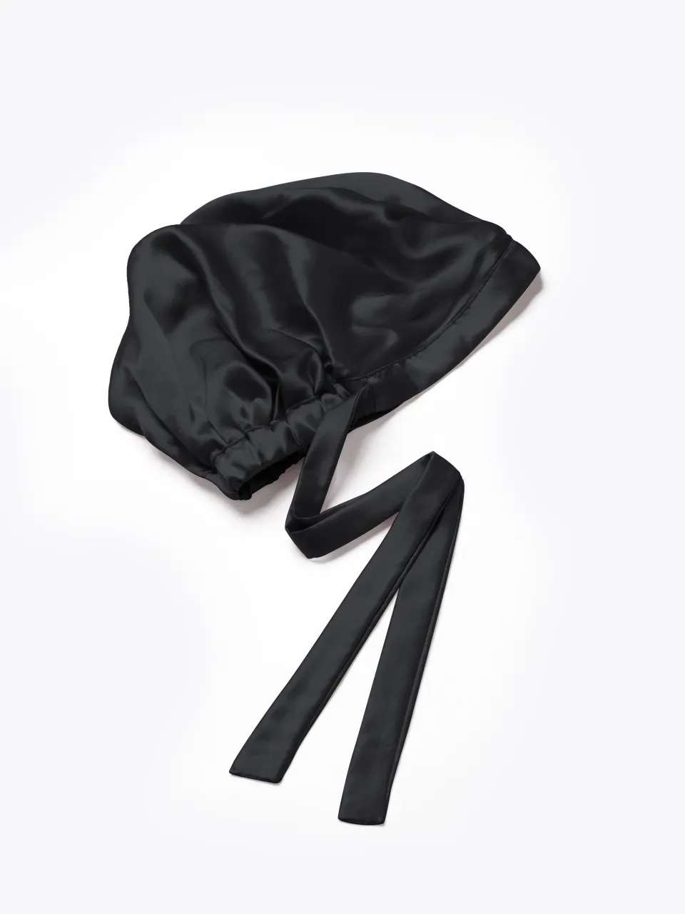 Silk Sleep Bonnet, Round Folded Hair Cover for Adults in Black — bonnet exterior and tie straps