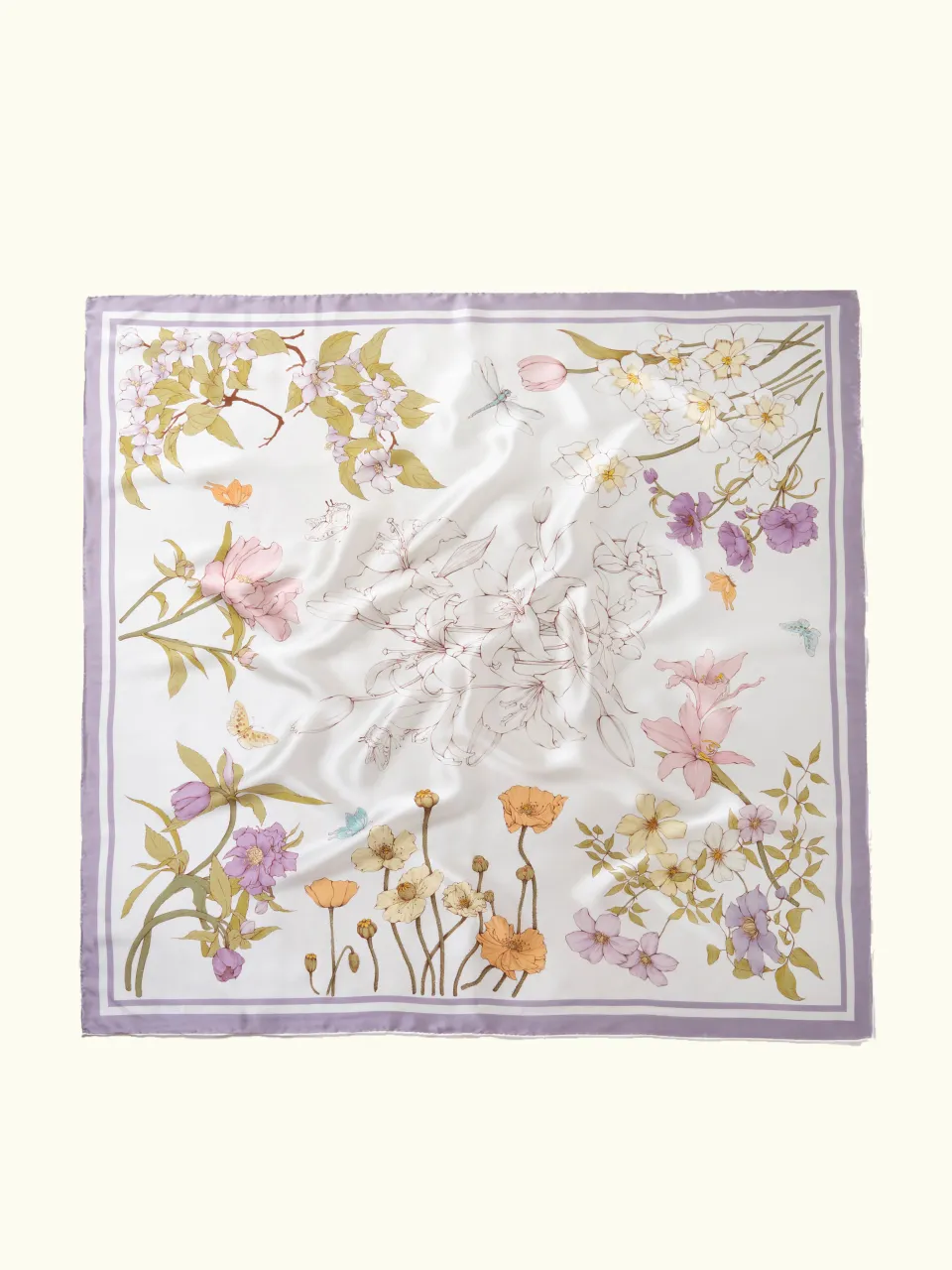 Spring Meadow Floral Silk Scarf-Lavender/Pink — full scarf pattern