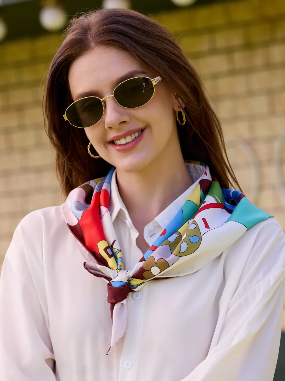 Zodiac Silk Scarf-Multicolor — styled around the neck