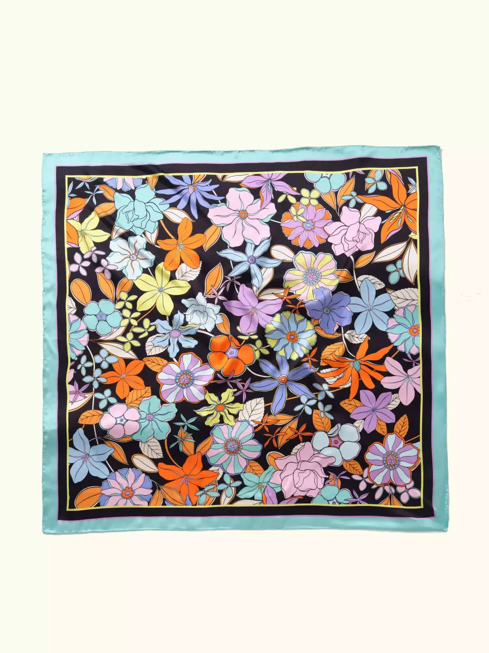 Allover Floral Silk Scarf-Aqua/Lavender/Orange/Yellow in Aqua/Black — full scarf pattern