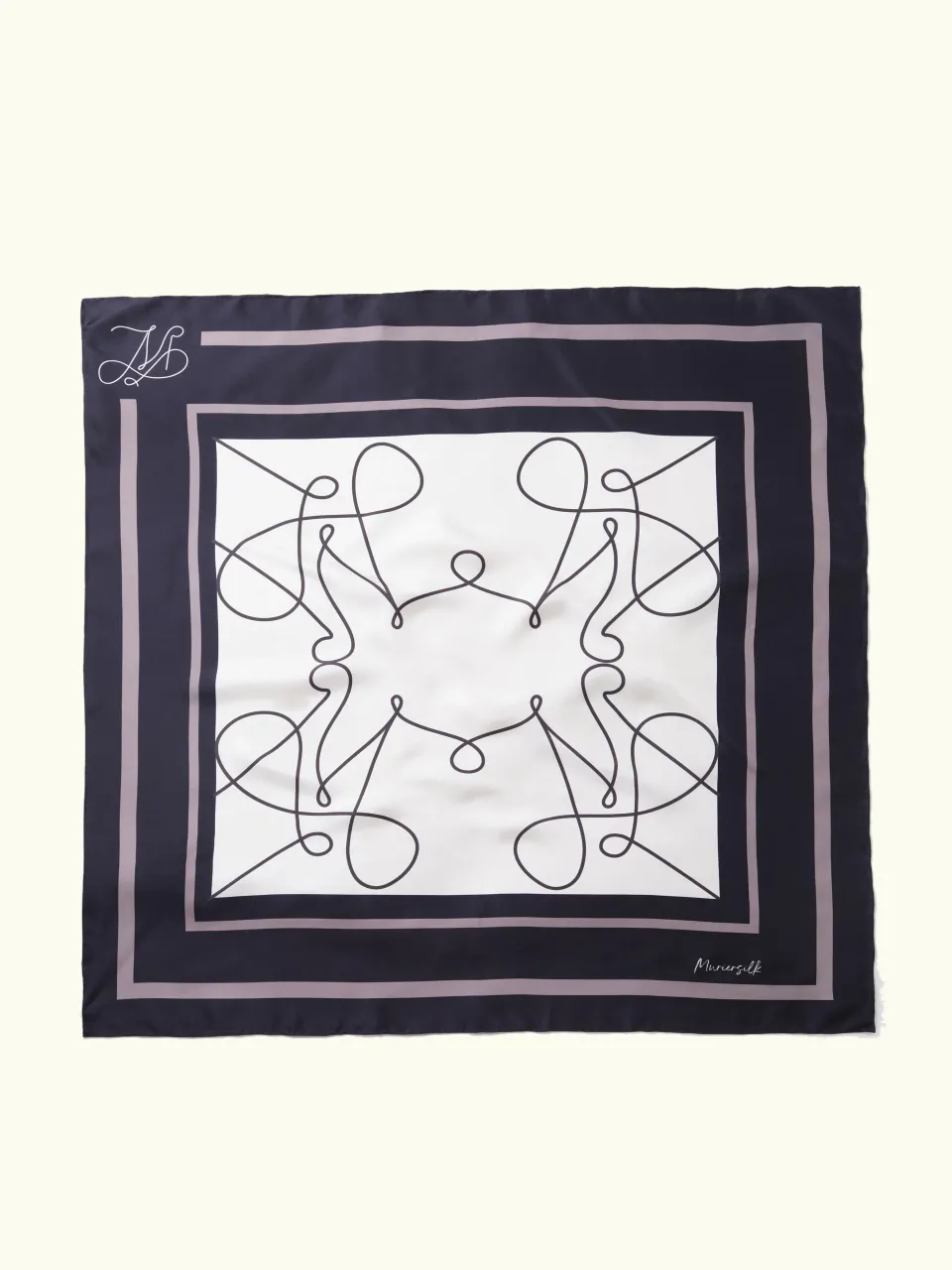 M Petal Silk Scarf-Black/Mauve in Black/Ivory/Mauve — full scarf pattern