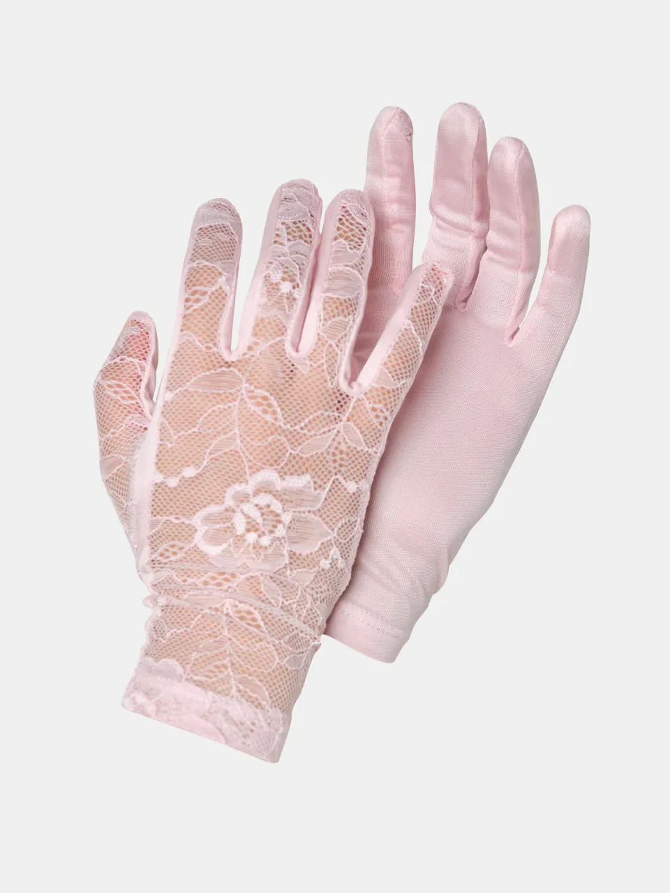 Mulberry Silk & Floral Lace Gloves in Pink — pair of lace gloves laid flat