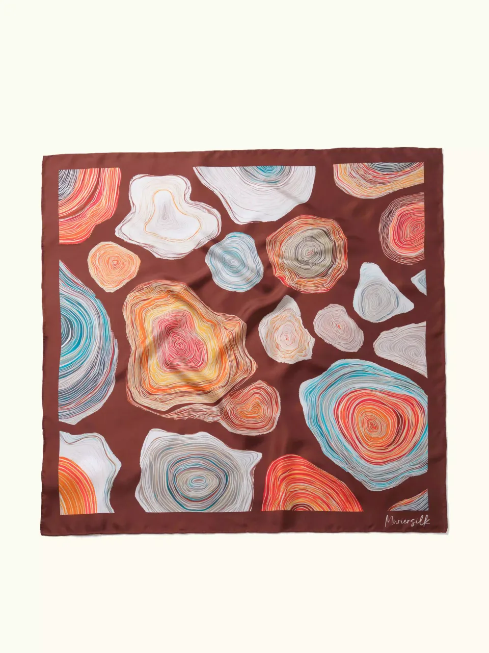 Tree Ring Silk Scarf-Brown/Peach/Turquoise/Yellow — full scarf pattern