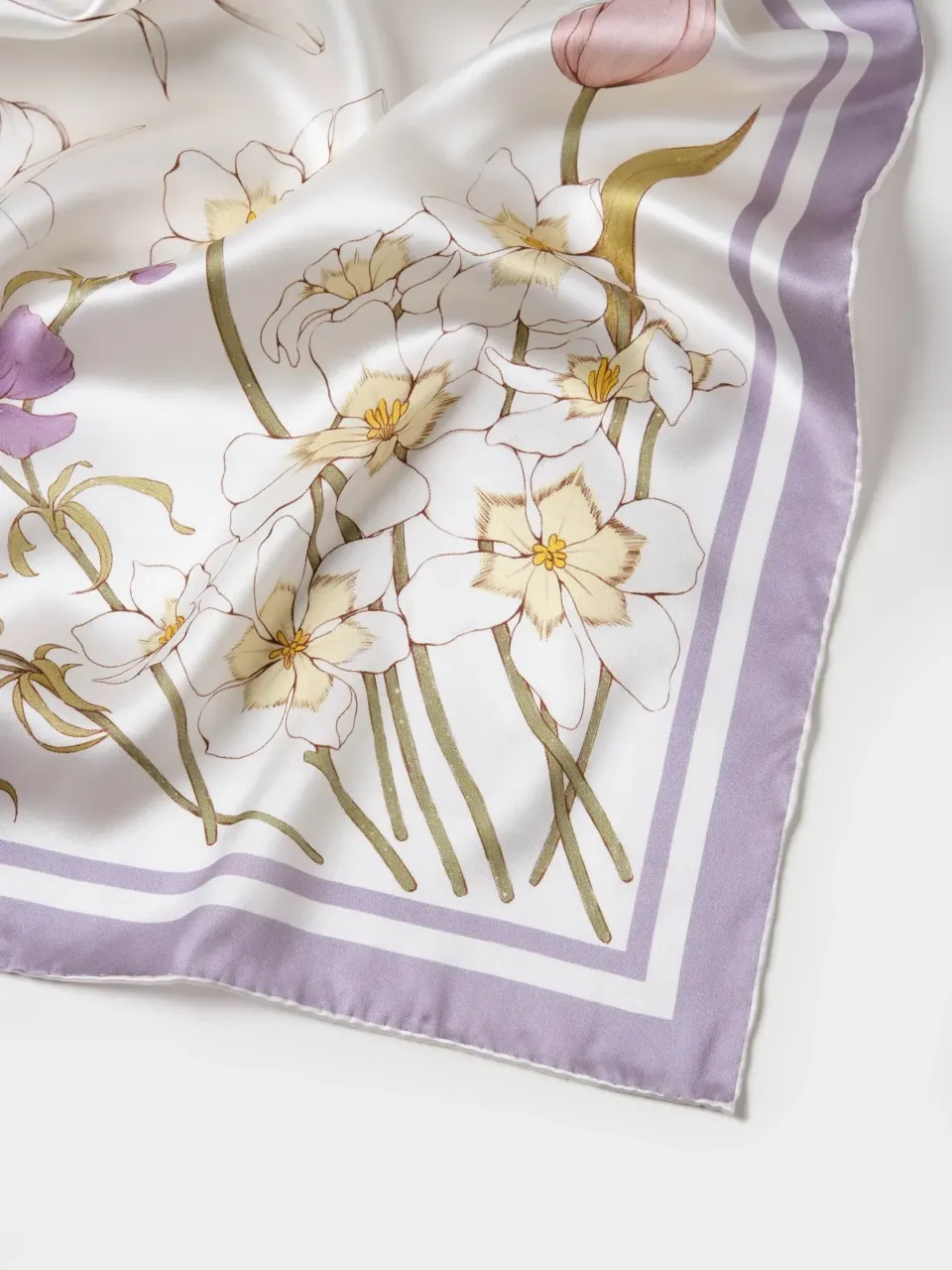 Spring Meadow Floral Silk Scarf-Lavender/Pink — fabric and print detail
