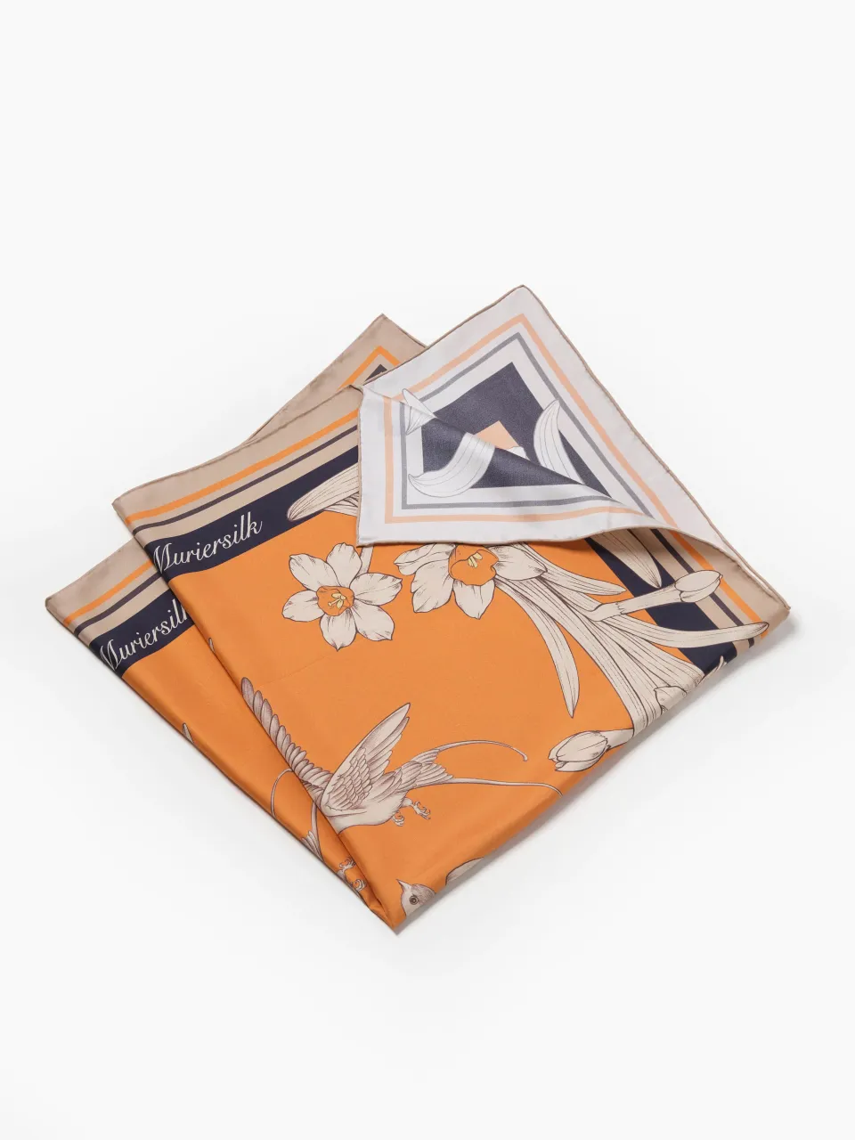 Narcissus & Swallows Silk Scarf-Orange/Navy — folded scarf
