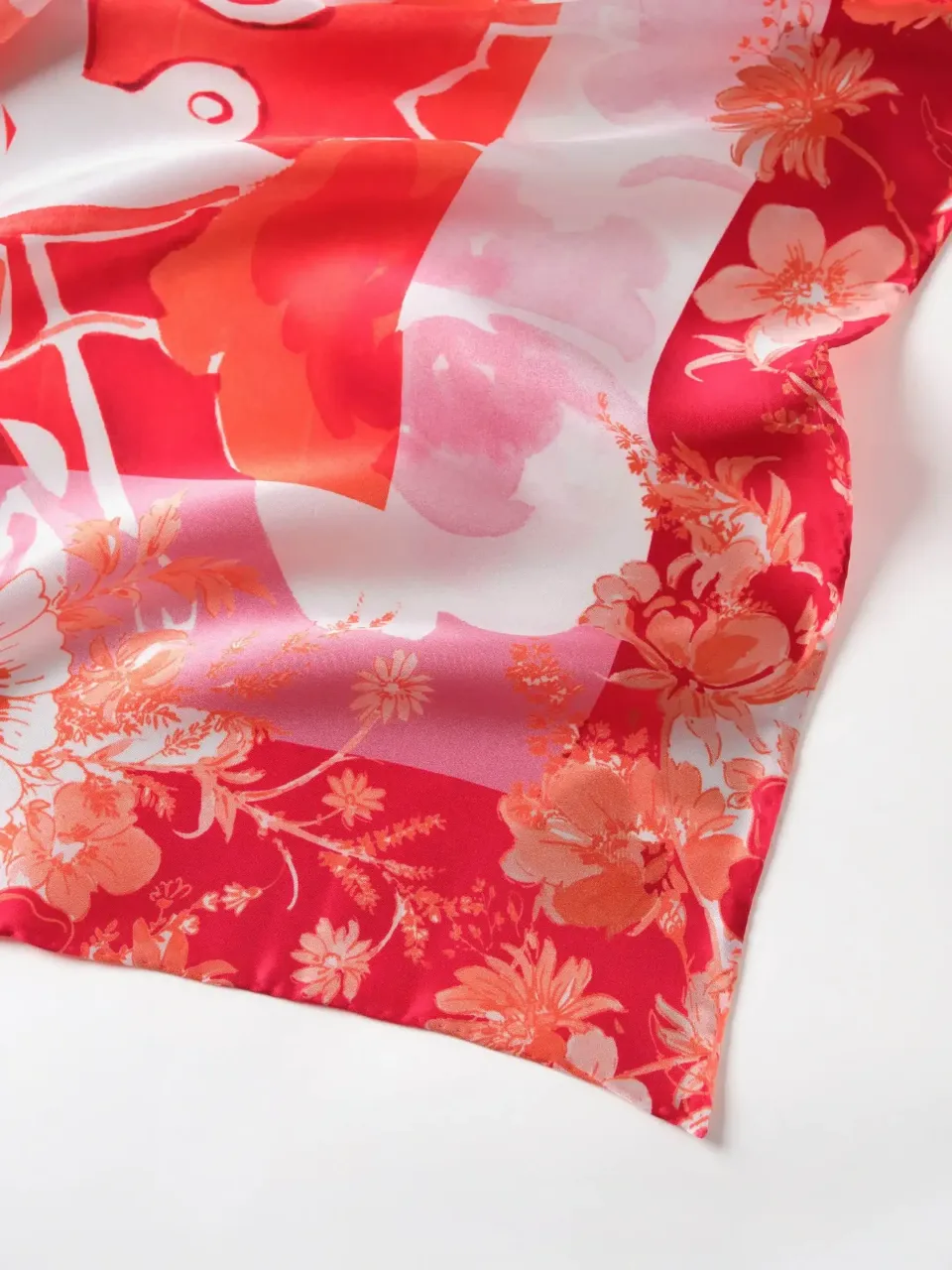 Spring Rose Garden Silk Scarf-Blue/Pink/Red — fabric and print detail