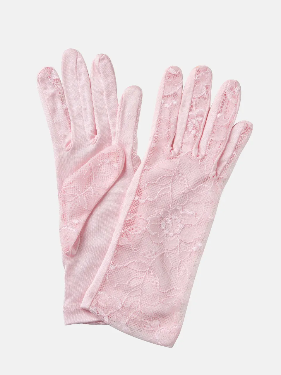 Mulberry Silk & Floral Lace Gloves in Pink — pair of lace gloves laid flat