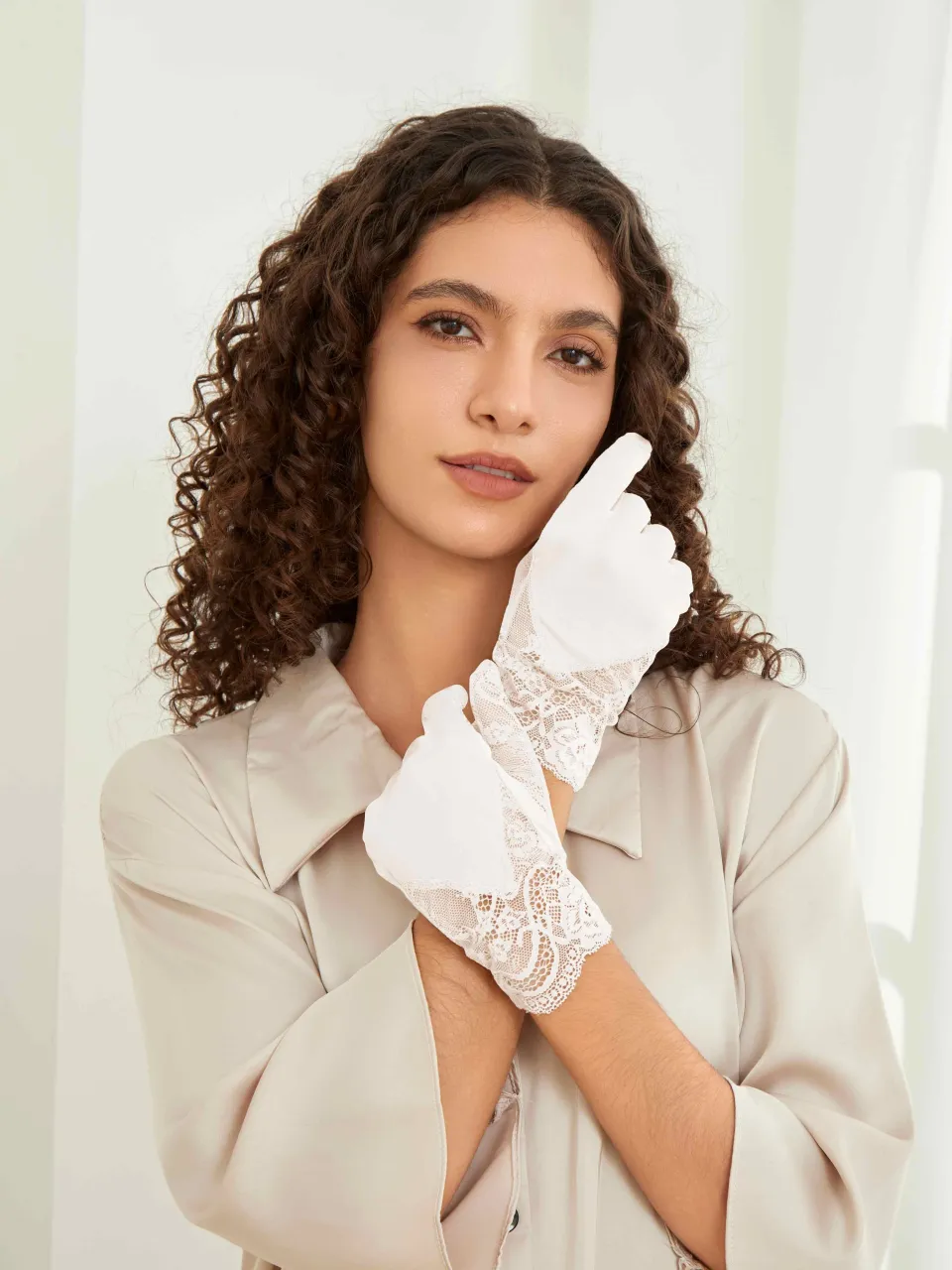 Pure Silk Lace Gloves in White — gloves worn on a model