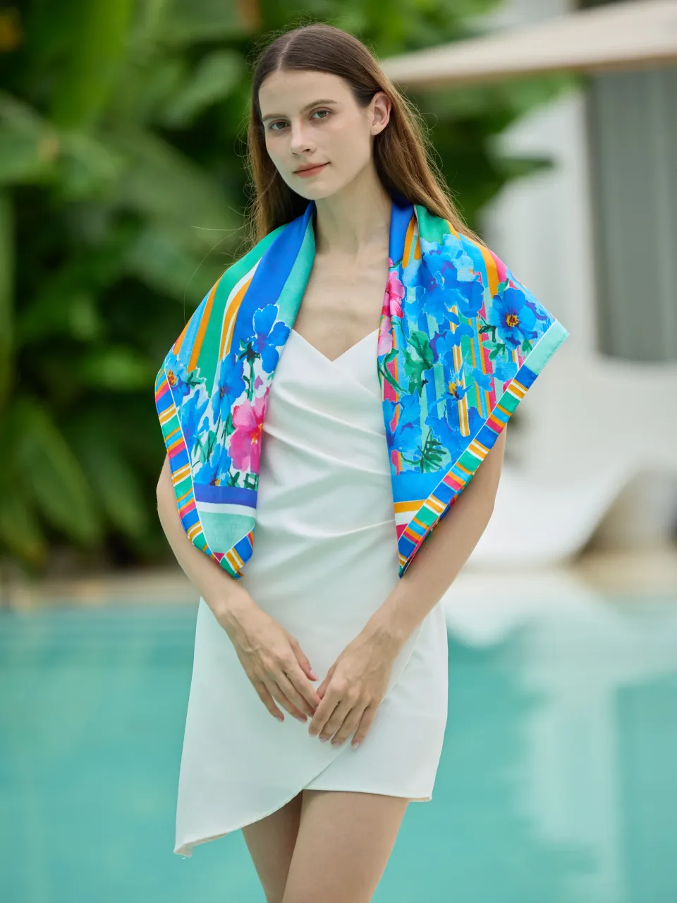 Stripes & Bouquets Silk Scarf-Turquoise/Gray in Blue Floral — draped over the shoulders