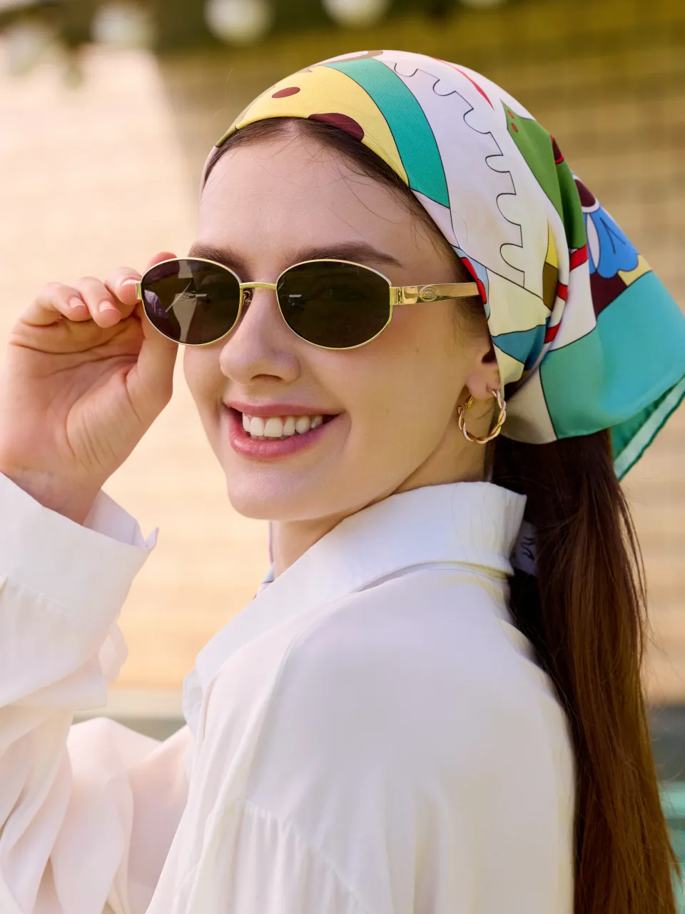 Zodiac Silk Scarf-Multicolor — styled as a headscarf