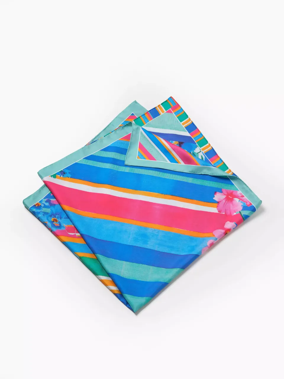 Stripes & Bouquets Silk Scarf-Turquoise/Gray in Blue Floral — folded scarf