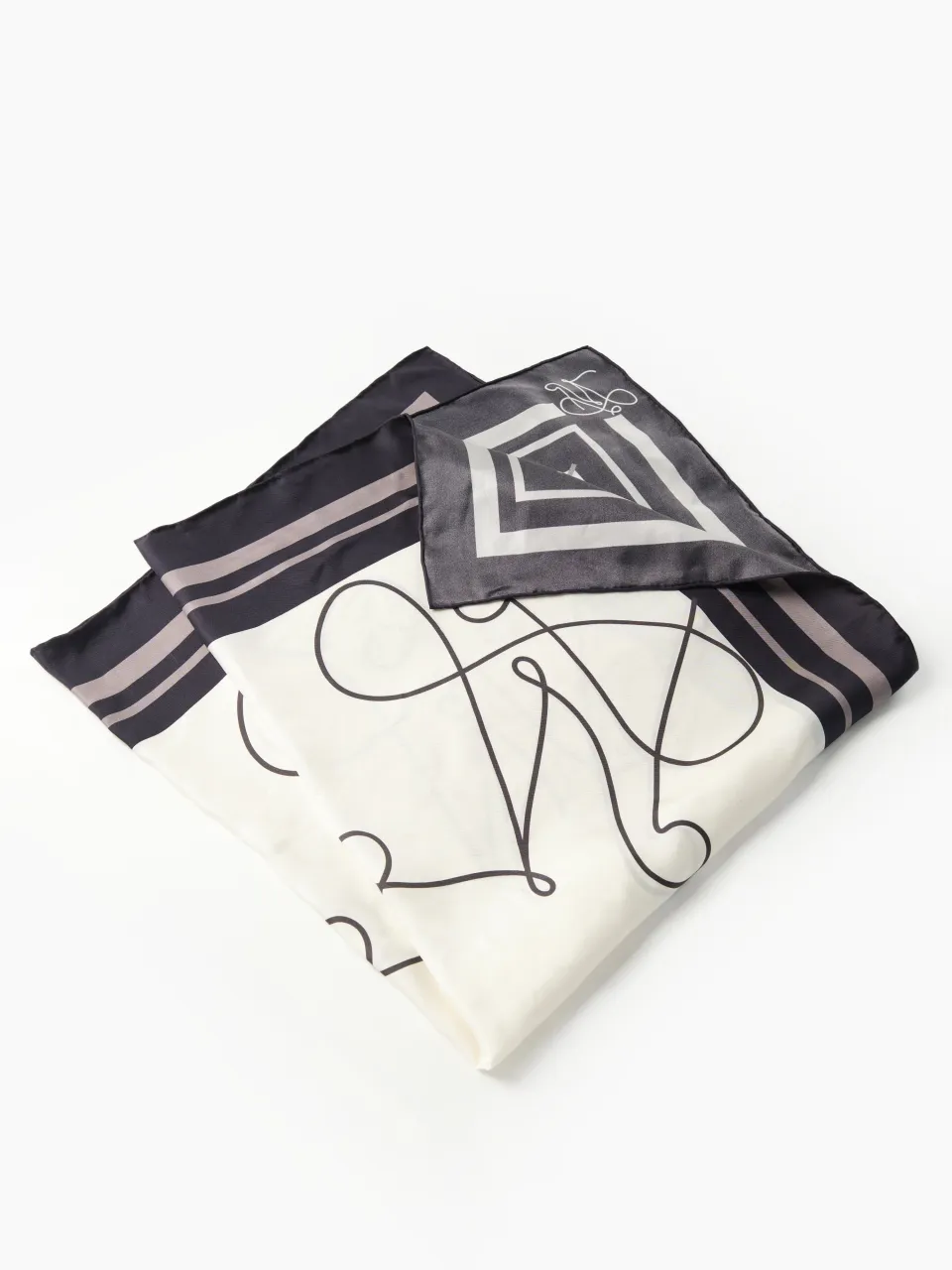 M Petal Silk Scarf-Black/Mauve in Black/Ivory/Mauve — folded scarf