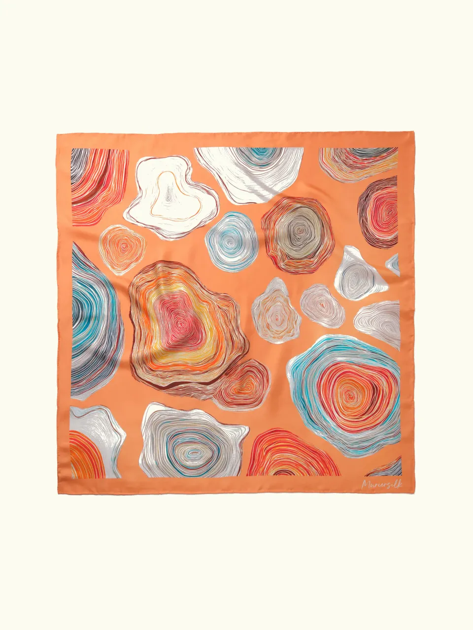 Tree Ring Silk Scarf-Brown/Peach/Turquoise/Yellow — full scarf pattern