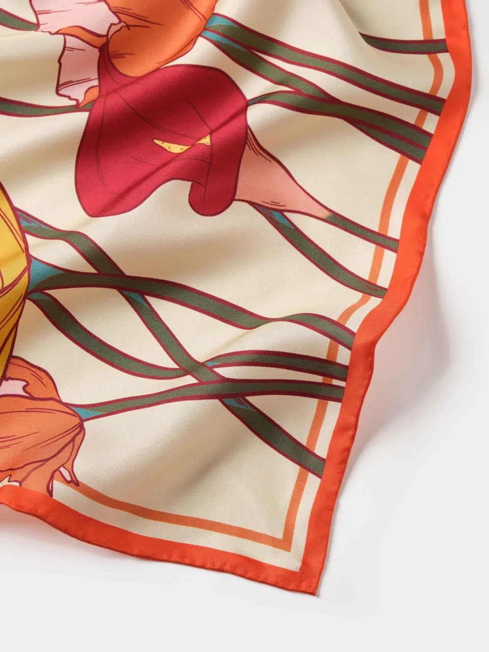 Calla Lily & Poppy Silk Scarf-Coral/Cream — fabric and print detail