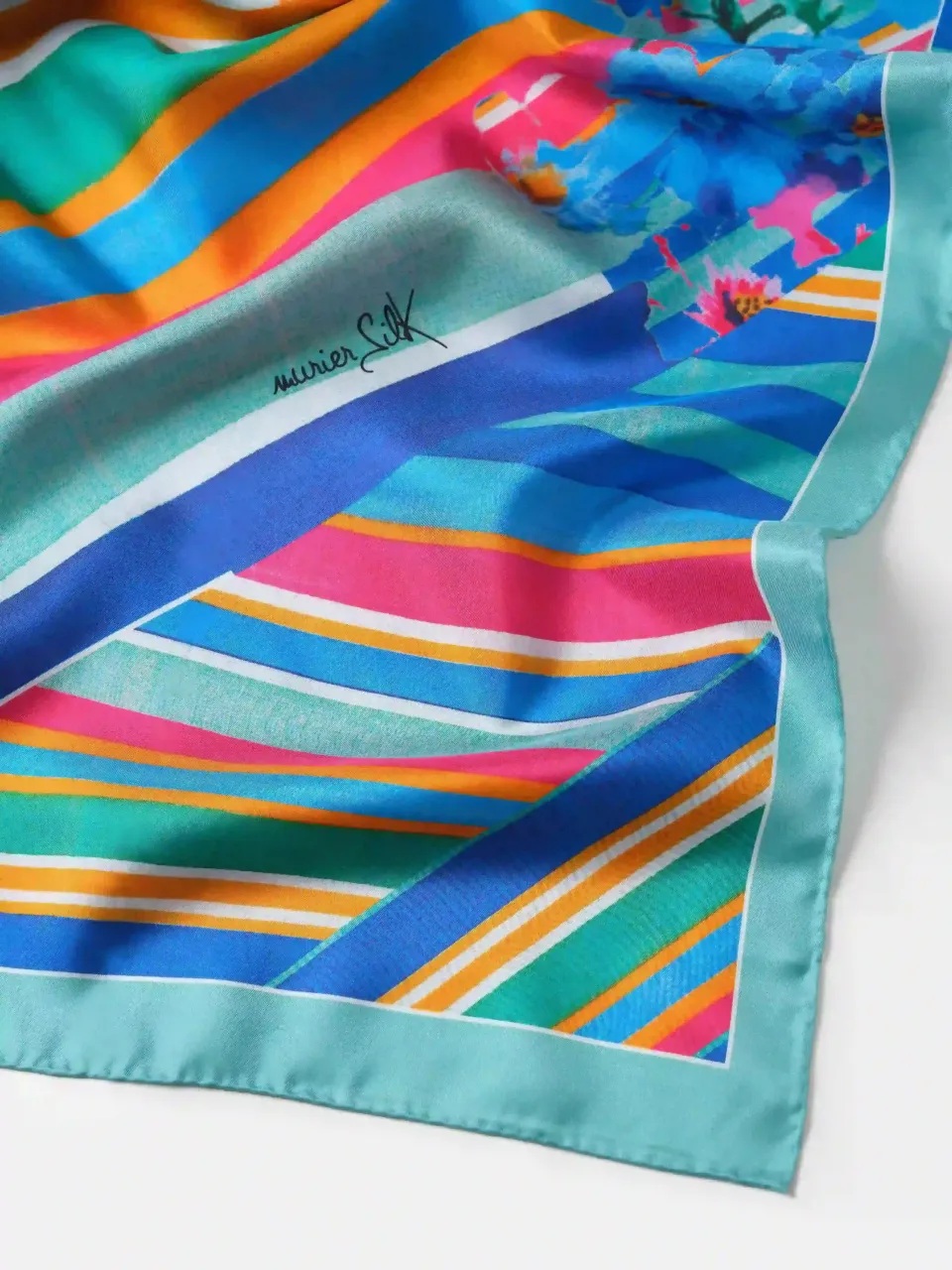 Stripes & Bouquets Silk Scarf-Turquoise/Gray in Blue Floral — fabric and print detail