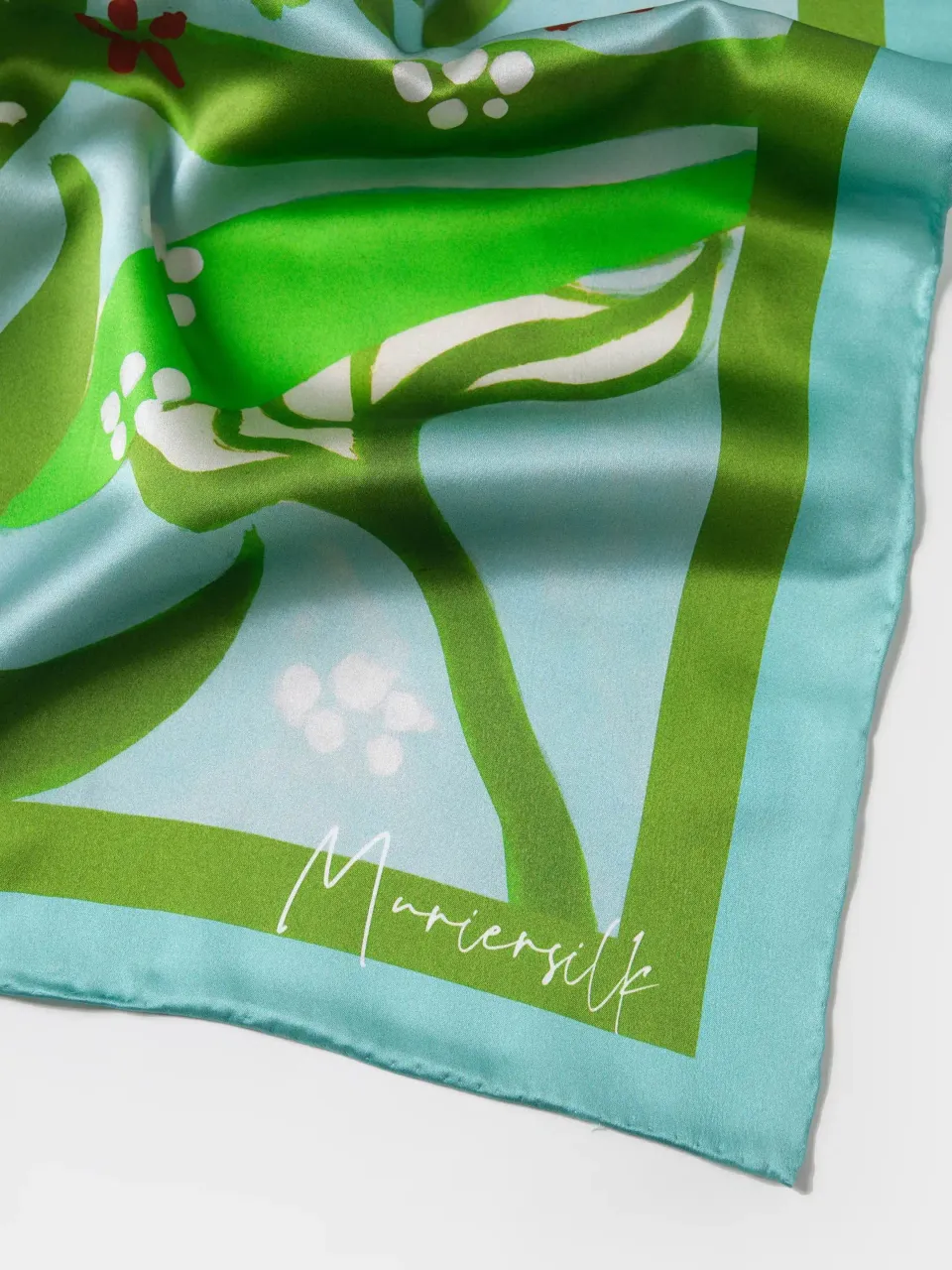 Moonlit Lily Silk Scarf-Green/Aqua — fabric and print detail