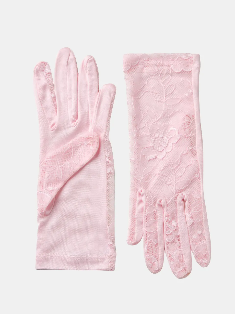 Mulberry Silk & Floral Lace Gloves in Pink — pair of lace gloves laid flat