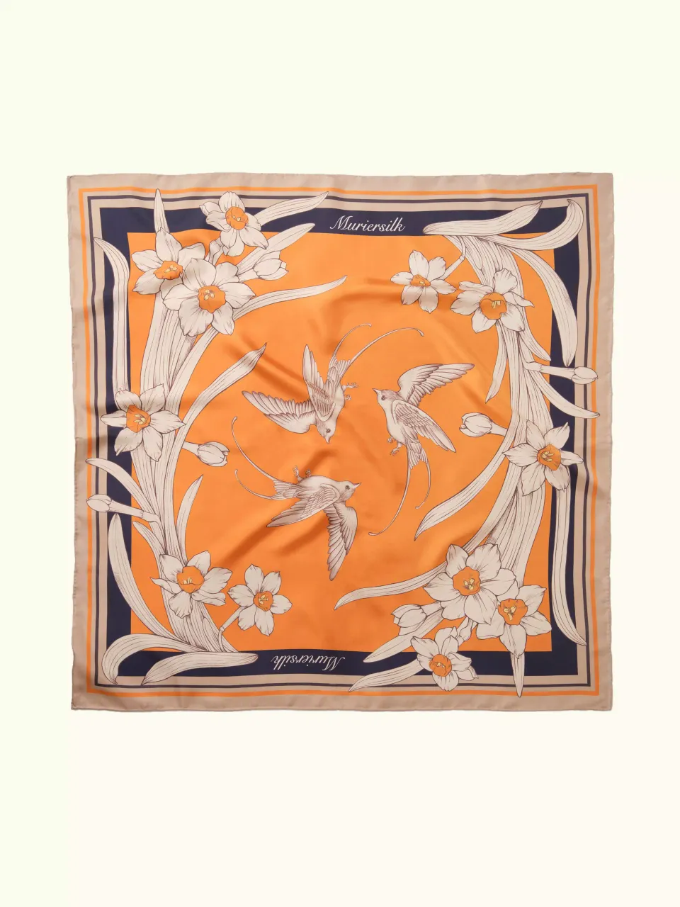 Narcissus & Swallows Silk Scarf-Orange/Navy