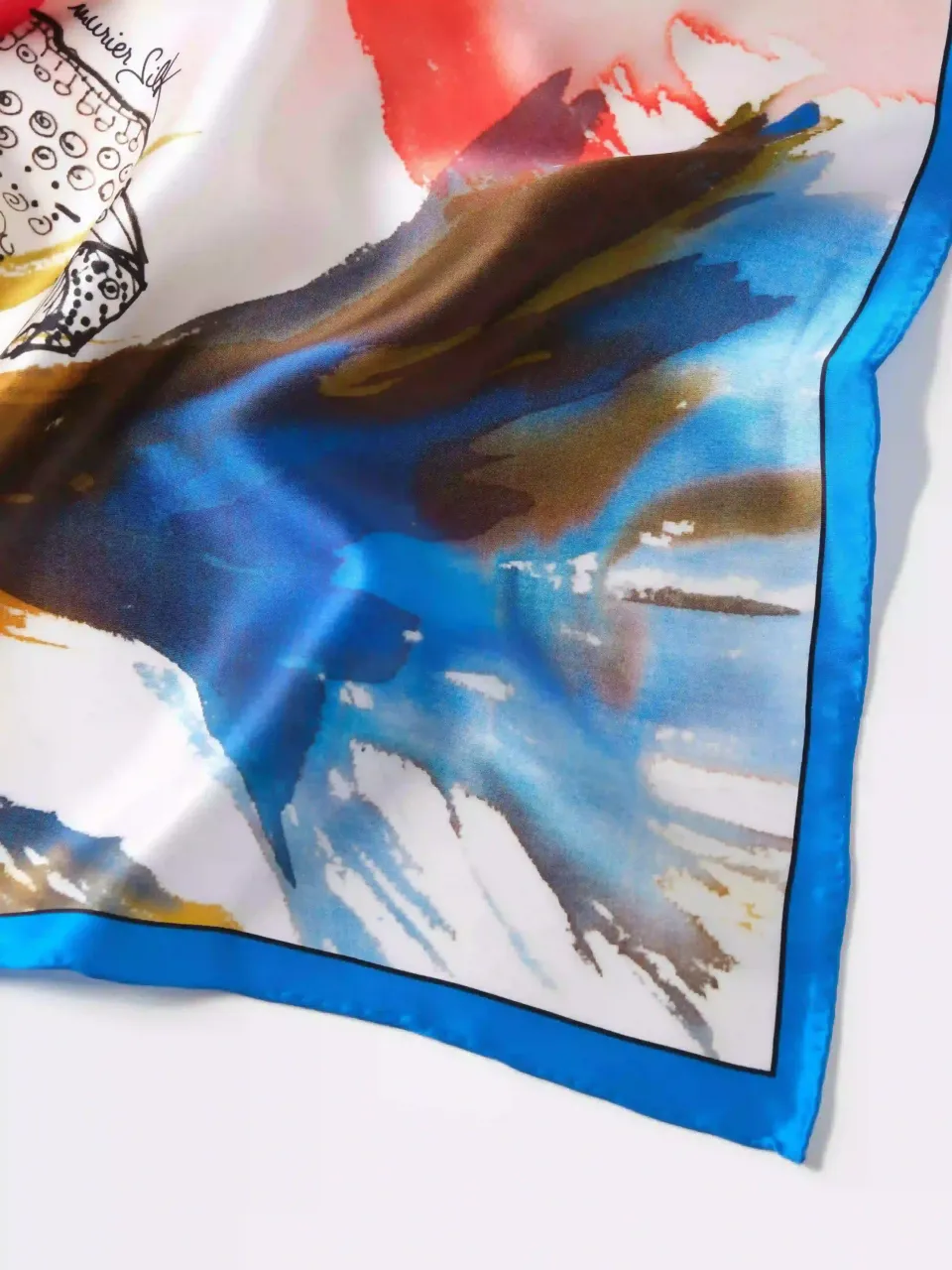 Fireworks Flower Silk Scarf-Blue/Coral in Blue/Coral/Gold — fabric and print detail