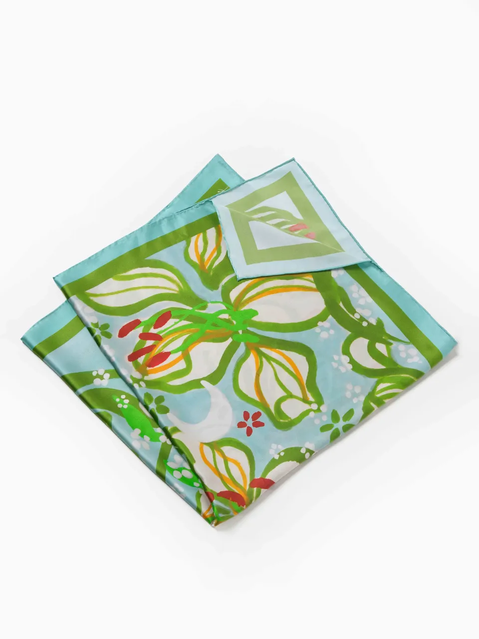 Moonlit Lily Silk Scarf-Green/Aqua — folded scarf
