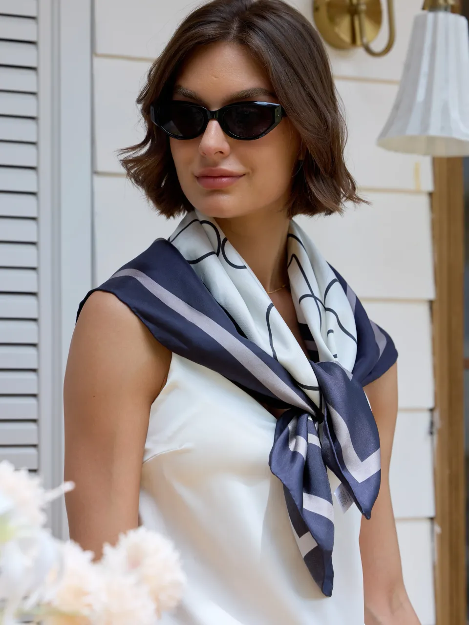 M Petal Silk Scarf-Black/Mauve in Black/Ivory/Mauve — styled around the neck