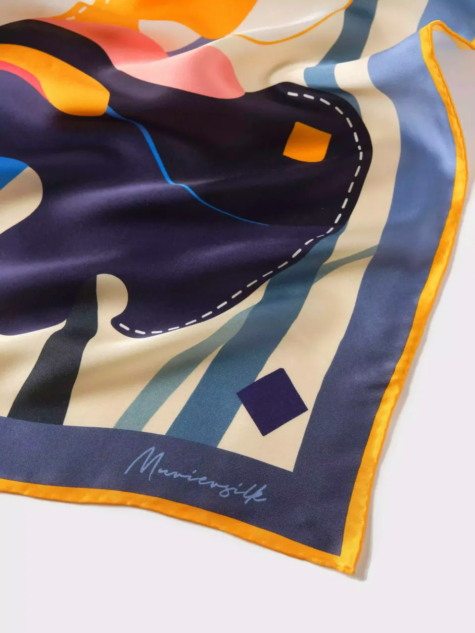 Abstract Iris Silk Scarf-Navy/Coral — fabric and print detail