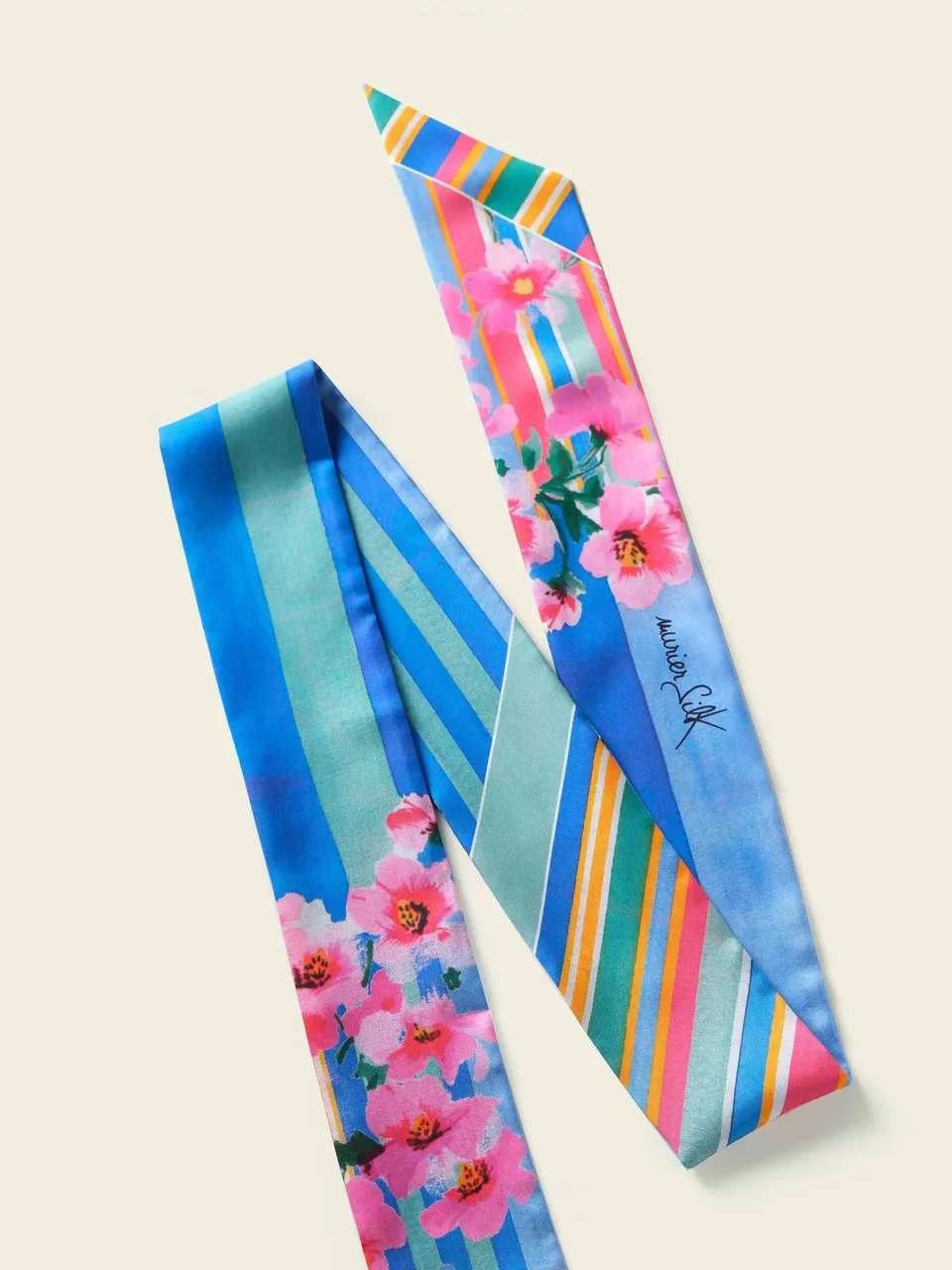 Floral Stripe Twill Silk Scarf Ribbon, on an oat backdrop