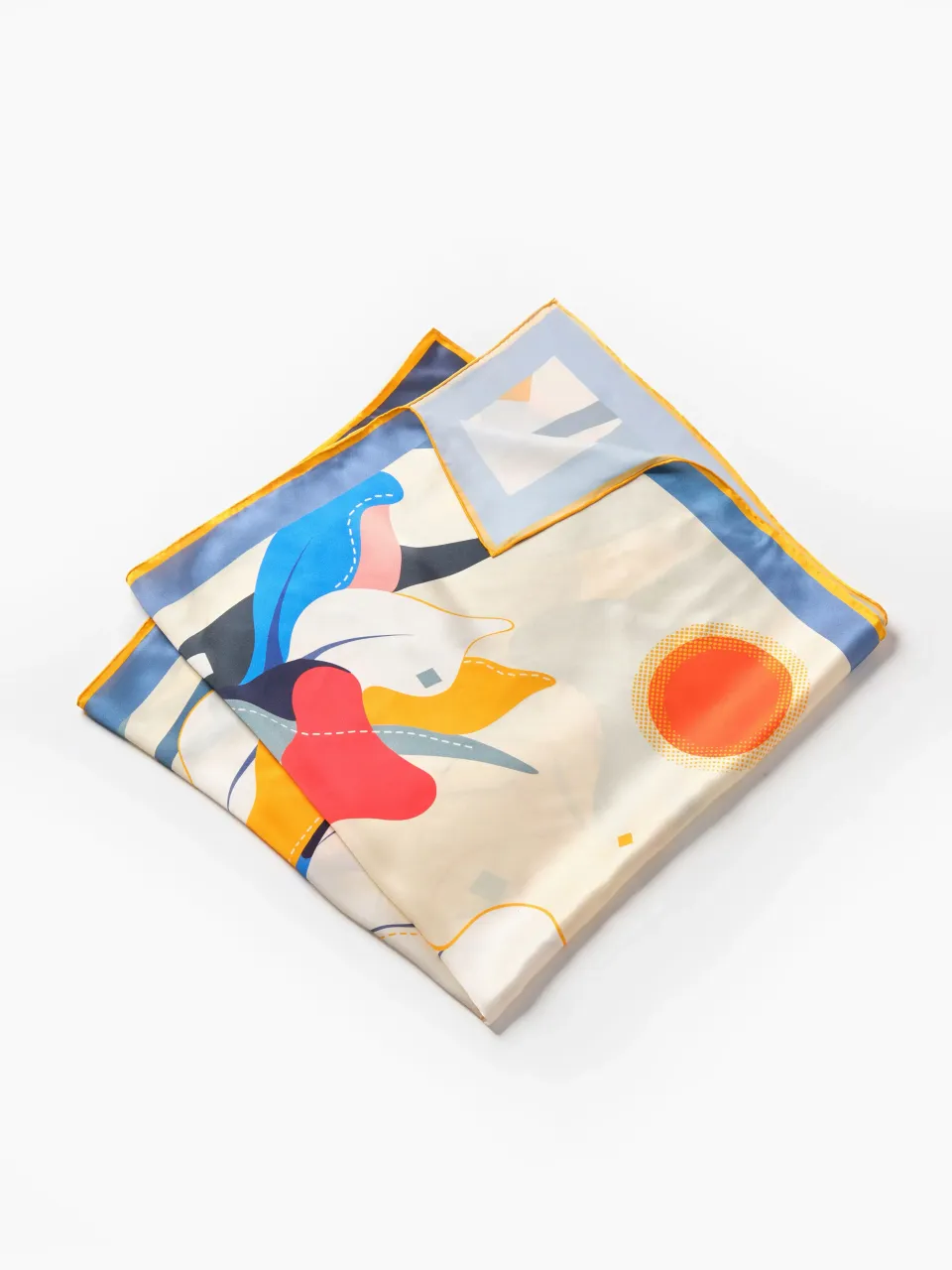 Abstract Iris Silk Scarf-Navy/Coral — folded scarf