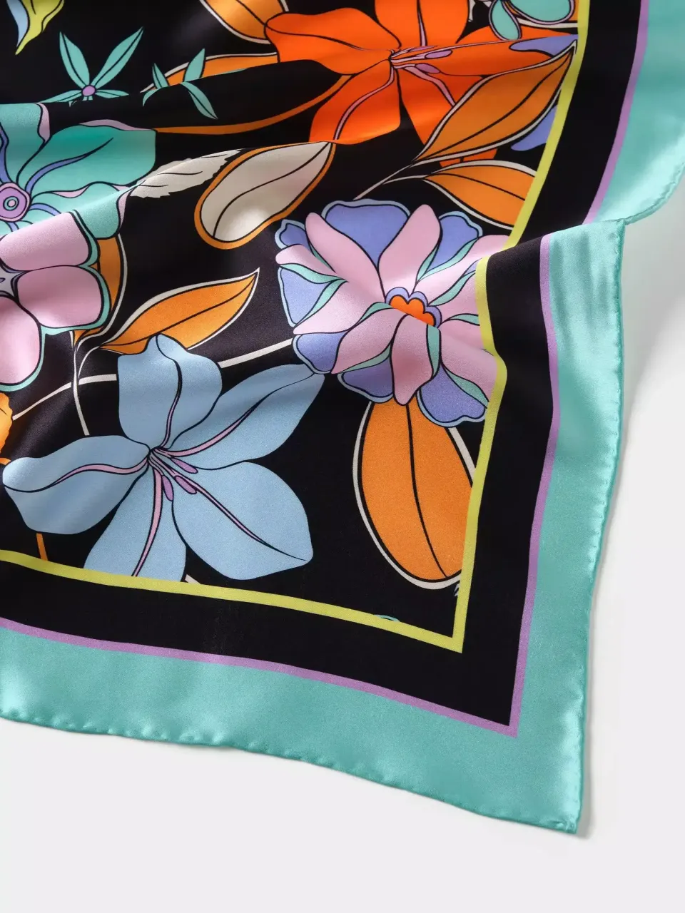 Allover Floral Silk Scarf-Aqua/Lavender/Orange/Yellow in Aqua/Black — fabric and print detail